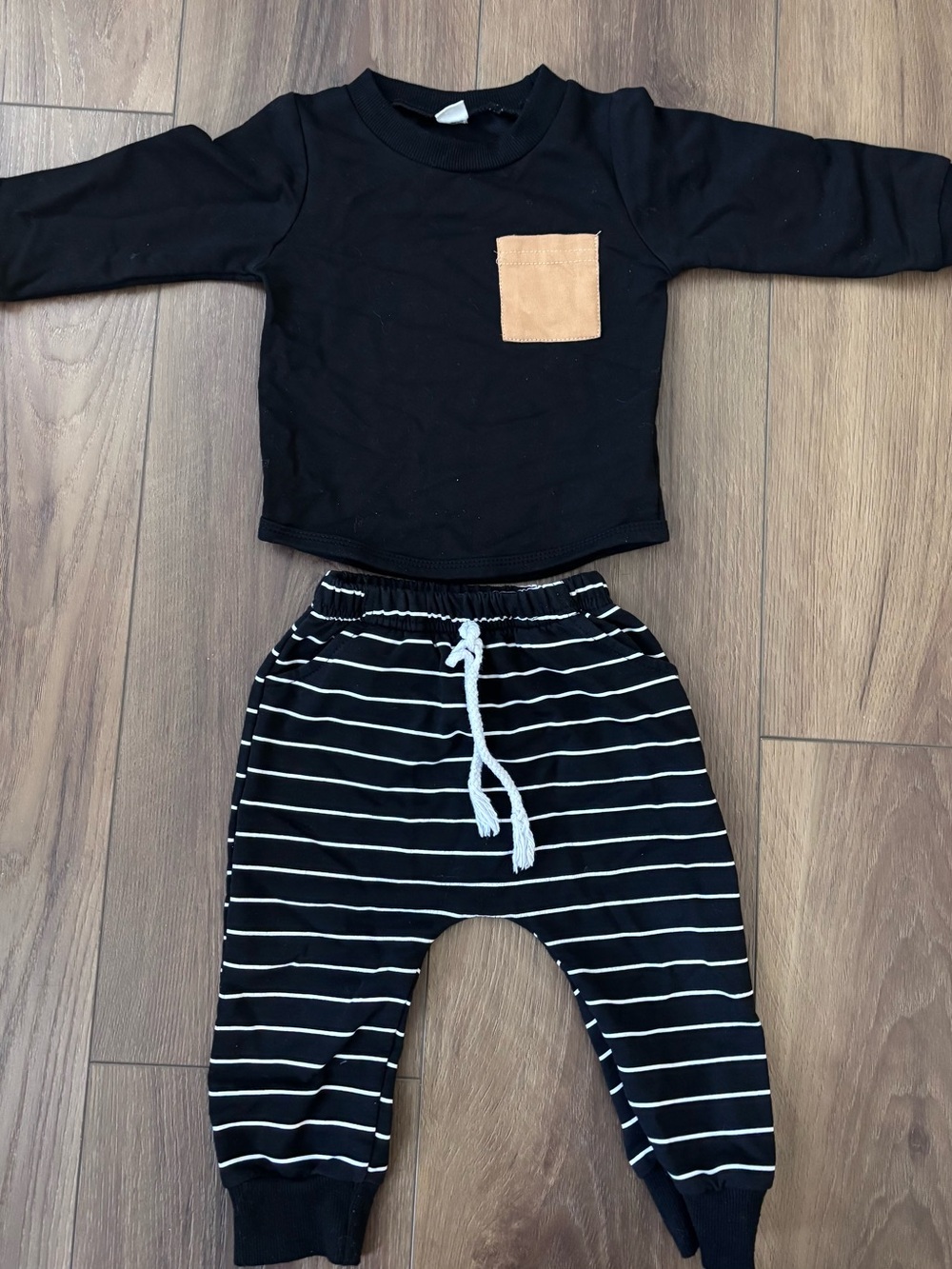 Kids Black Striped Jogger Set with Tan Pocket